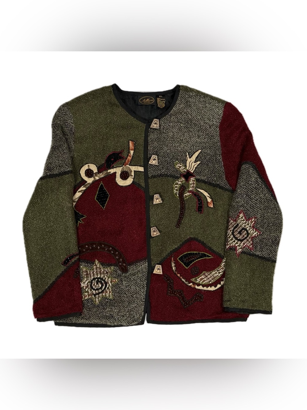 Vtg Red Green Toggle Button Up Textured Patchwork‎ Embroidered Cardigan Women XL